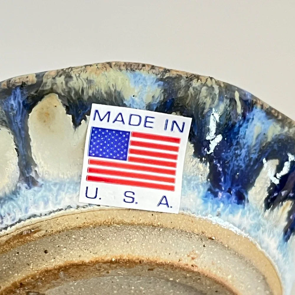 Handmade Ceramic Trinket Dish‎ Blue Swirls Glass Center Made in USA